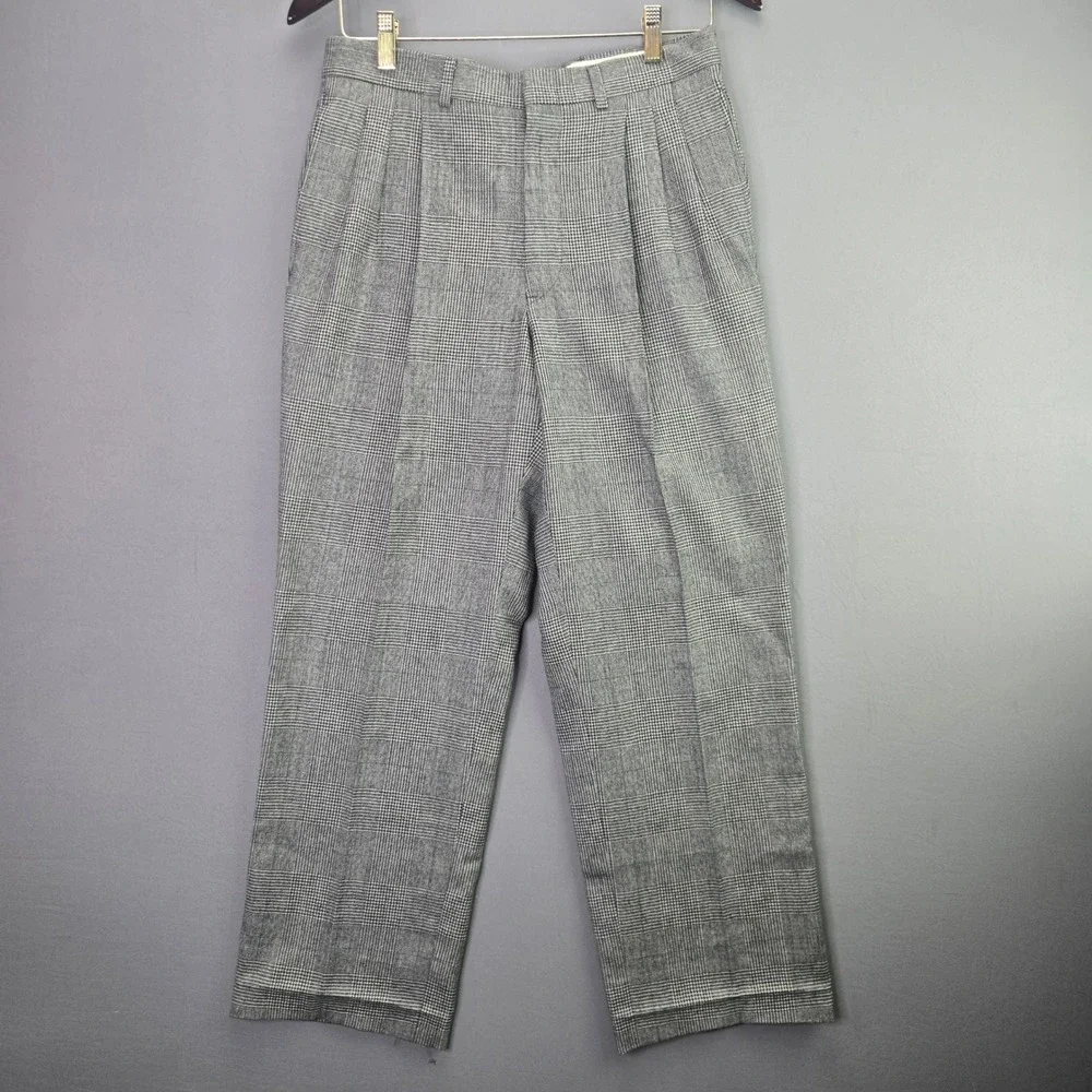 Vintage Pleated Trousers Glen Plaid Check Pants 29x26 Grey Blue Dress Slacks